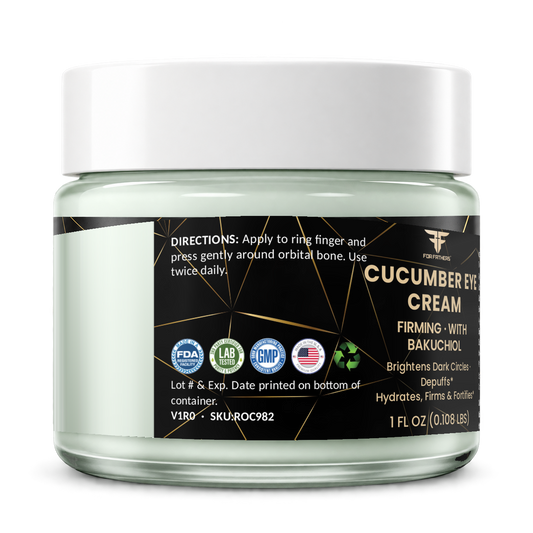 For Fathers Firming Cucumber Eye Cream with Bakuchiol, 1 fl oz jar — left view, directions panel