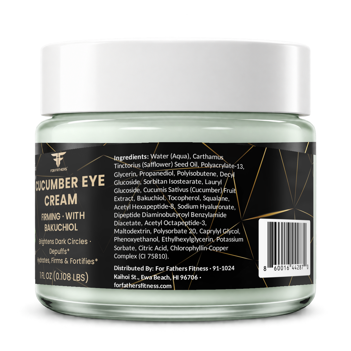 For Fathers Firming Cucumber Eye Cream with Bakuchiol, 1 fl oz jar — right view, ingredients panel