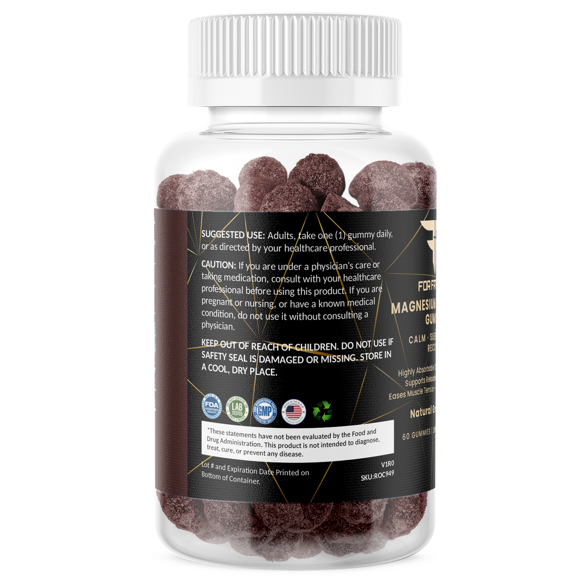 Magnesium Glycinate Gummies Natural Grape Flavor 60 gummies – left label panel – For Fathers Fitness
