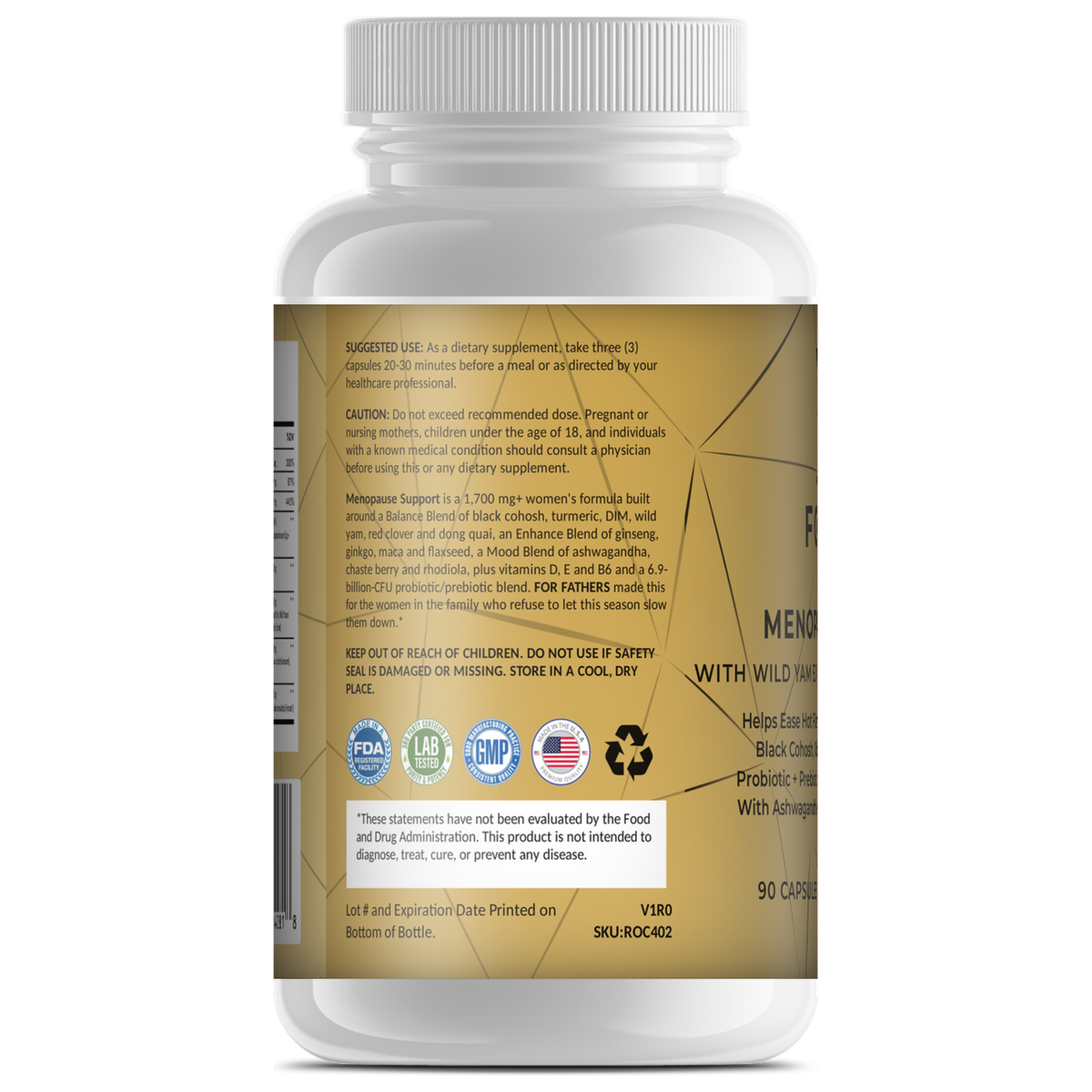 FOR HER Menopause Support with Wild Yam 90 capsules – left label panel – For Fathers