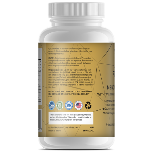 FOR HER Menopause Support with Wild Yam 90 capsules – left label panel – For Fathers