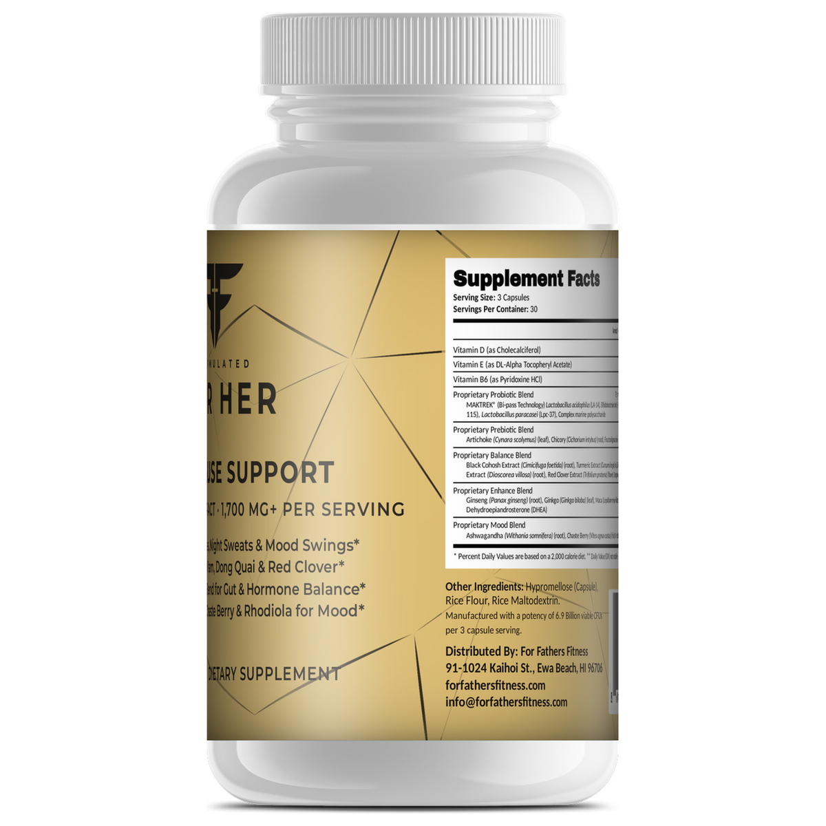 FOR HER Menopause Support with Wild Yam 90 capsules – Supplement Facts view – For Fathers