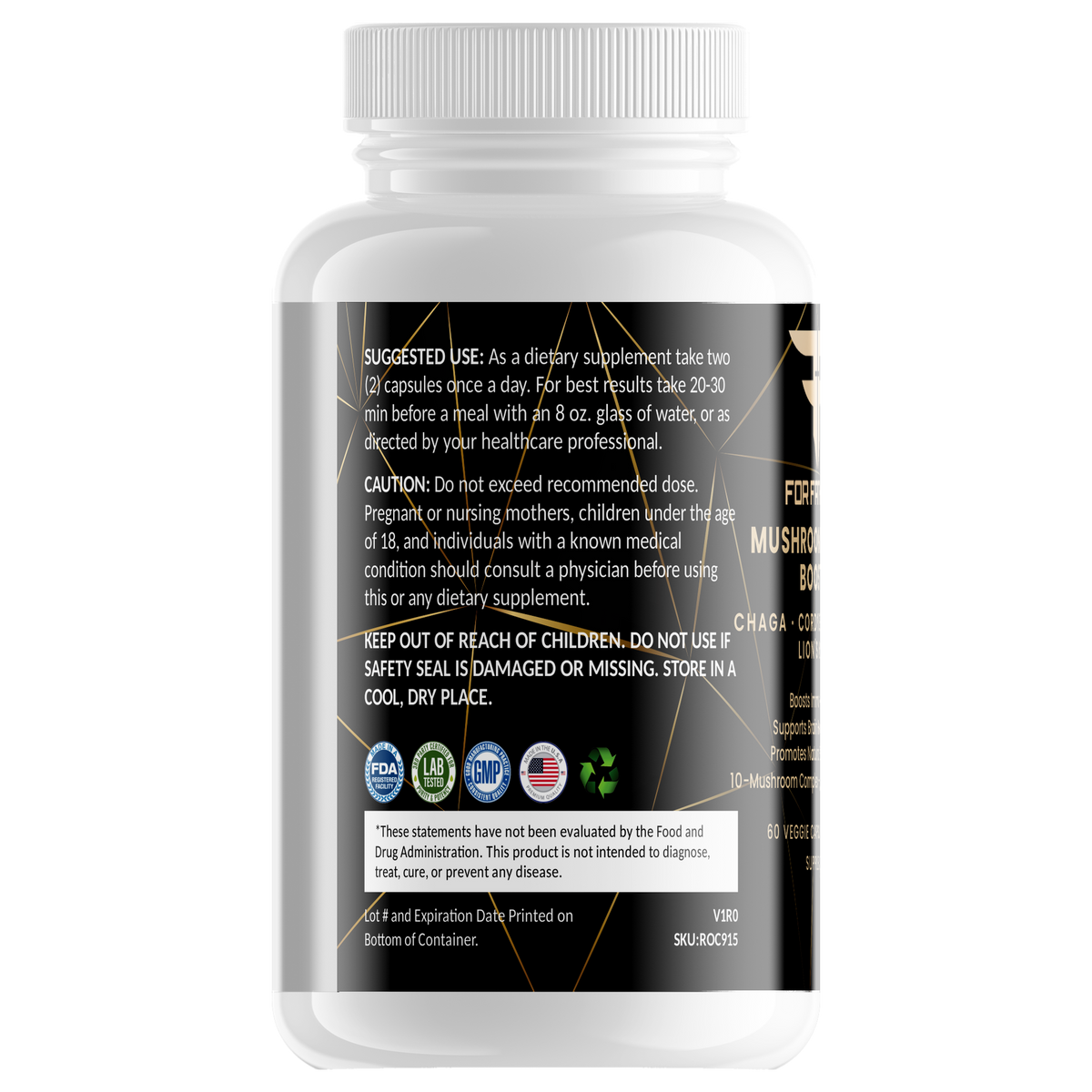 Mushroom Immune Booster 60 veggie capsules – left label panel – For Fathers Fitness