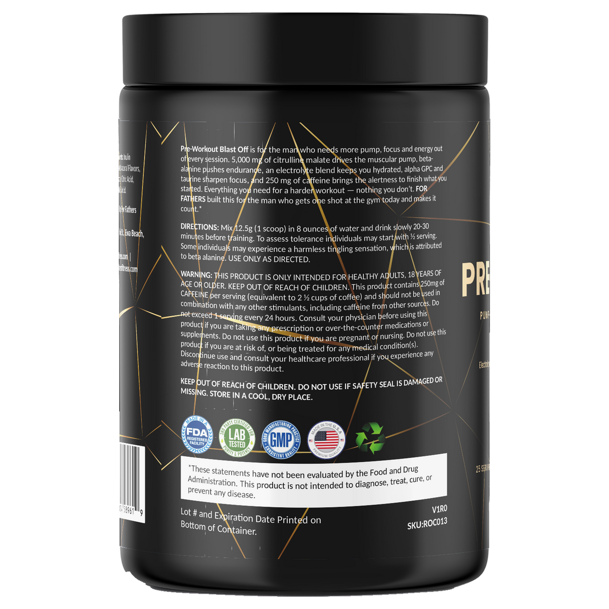 Pre-Workout Blast Off 25 servings – left label panel – For Fathers Fitness