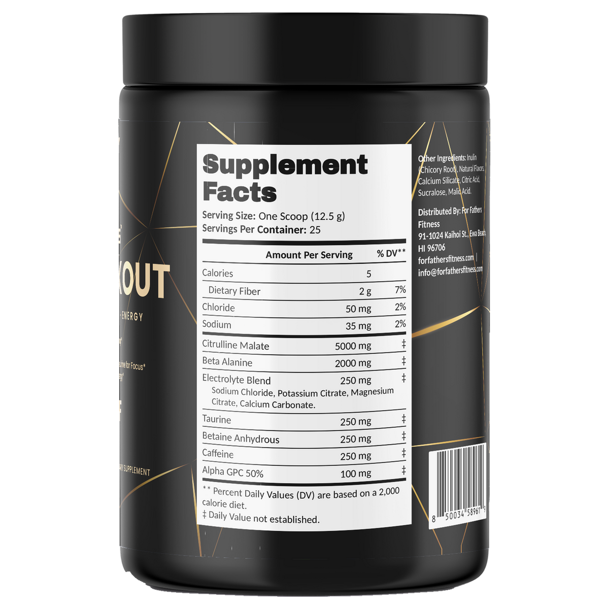 Pre-Workout Blast Off 25 servings – Supplement Facts view – For Fathers Fitness