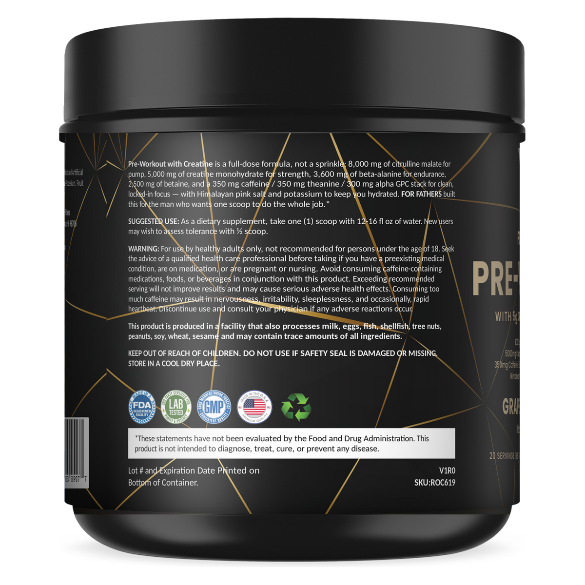 Pre-Workout with Creatine Grape Annihilation 20 servings – left label panel – For Fathers Fitness