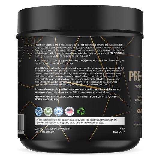 Pre-Workout with Creatine Grape Annihilation 20 servings – left label panel – For Fathers Fitness