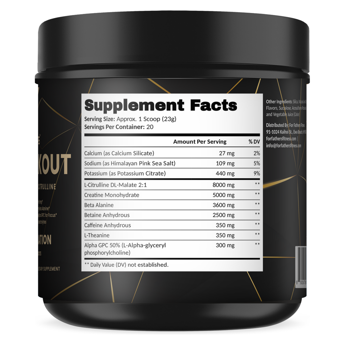 Pre-Workout with Creatine Grape Annihilation 20 servings – Supplement Facts view – For Fathers Fitness