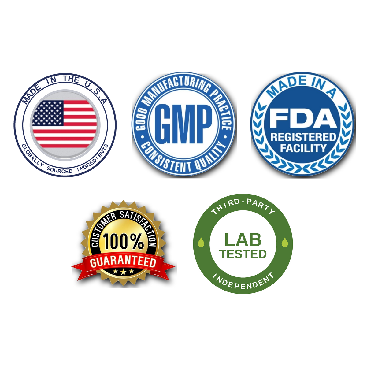 For Fathers supplement trust badges – Made in the USA with globally sourced ingredients, GMP-certified, FDA-registered facility, third-party lab tested, 100% satisfaction guarantee