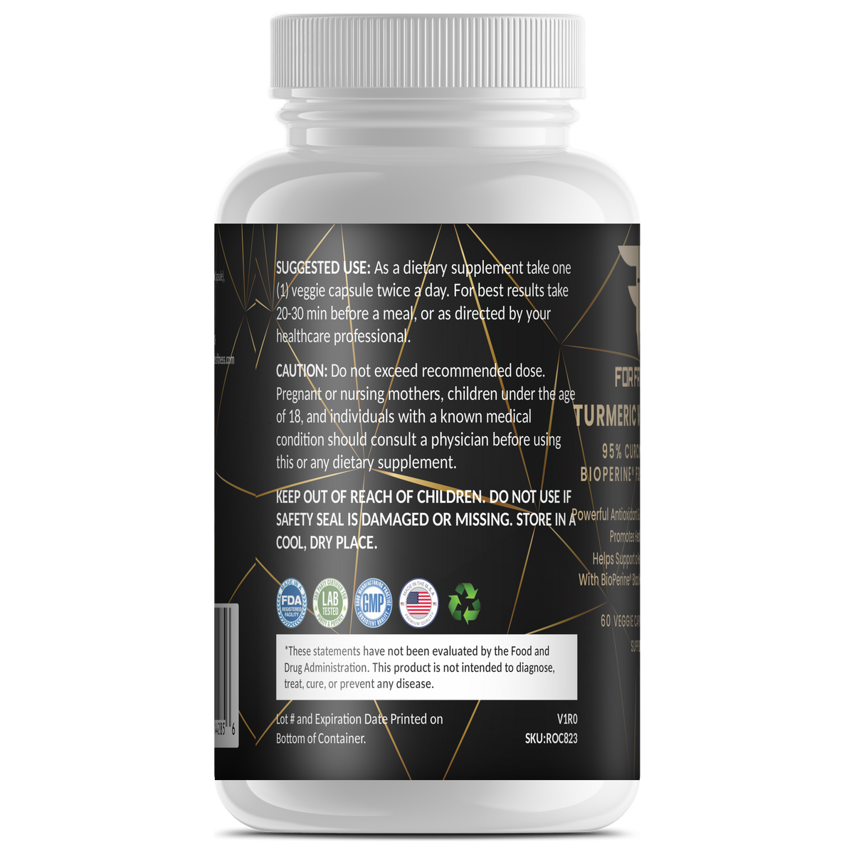 Turmeric with Ginger BioPerine 60 veggie capsules – left label panel – For Fathers Fitness