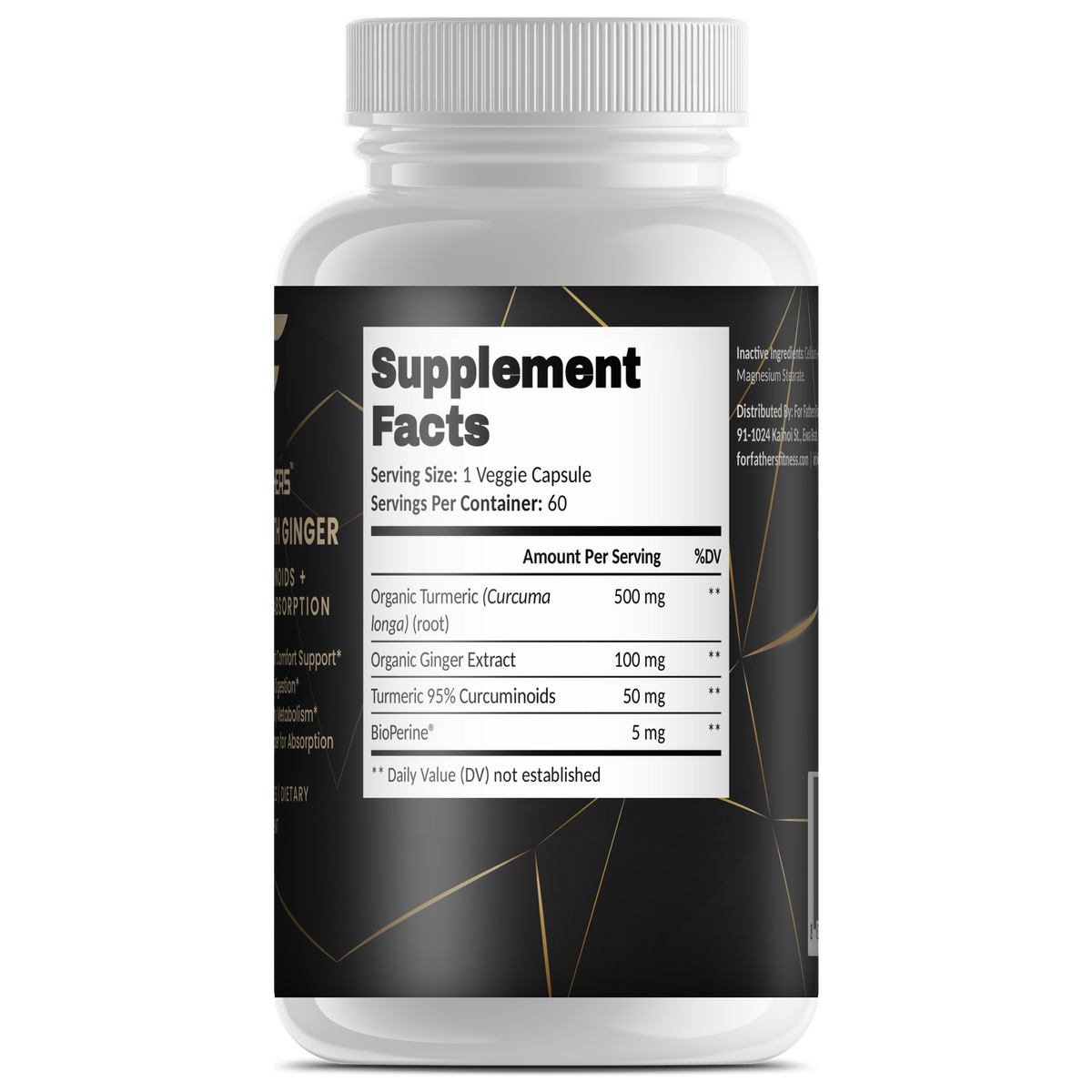 Turmeric with Ginger BioPerine 60 veggie capsules – Supplement Facts view – For Fathers Fitness