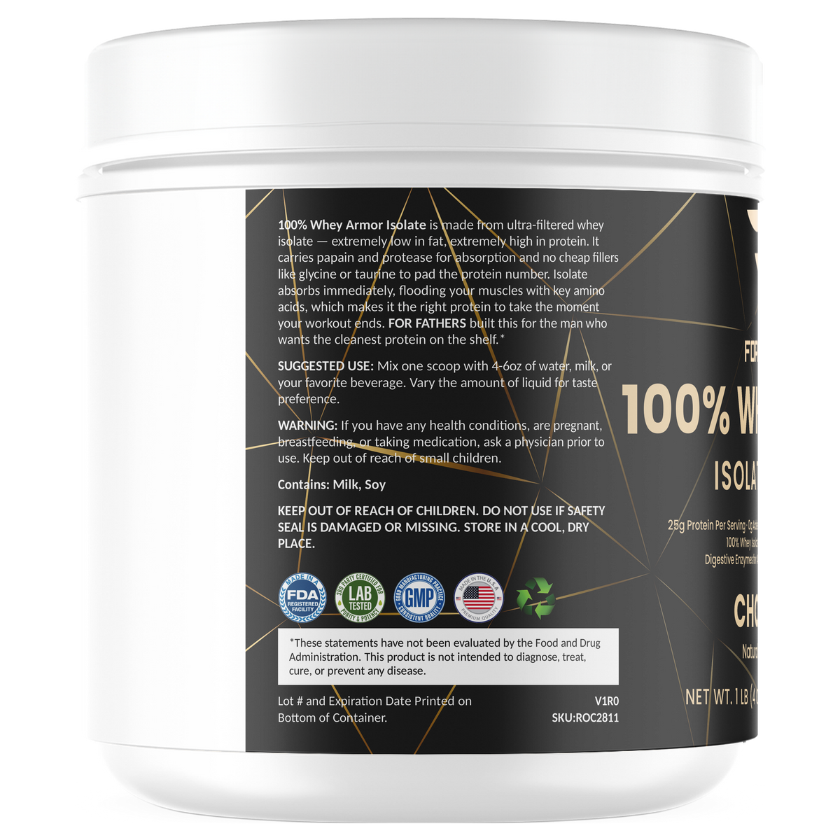 100% Whey Armor Isolate Protein Chocolate 1 lb – left label panel – For Fathers Fitness