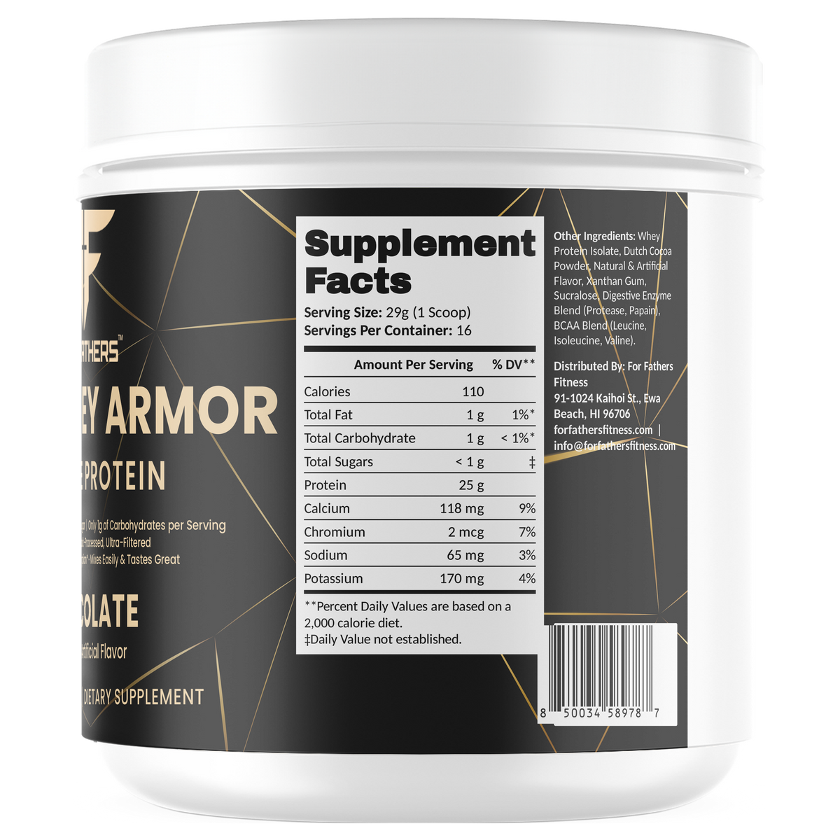 100% Whey Armor Isolate Protein Chocolate 1 lb – Supplement Facts view – For Fathers Fitness