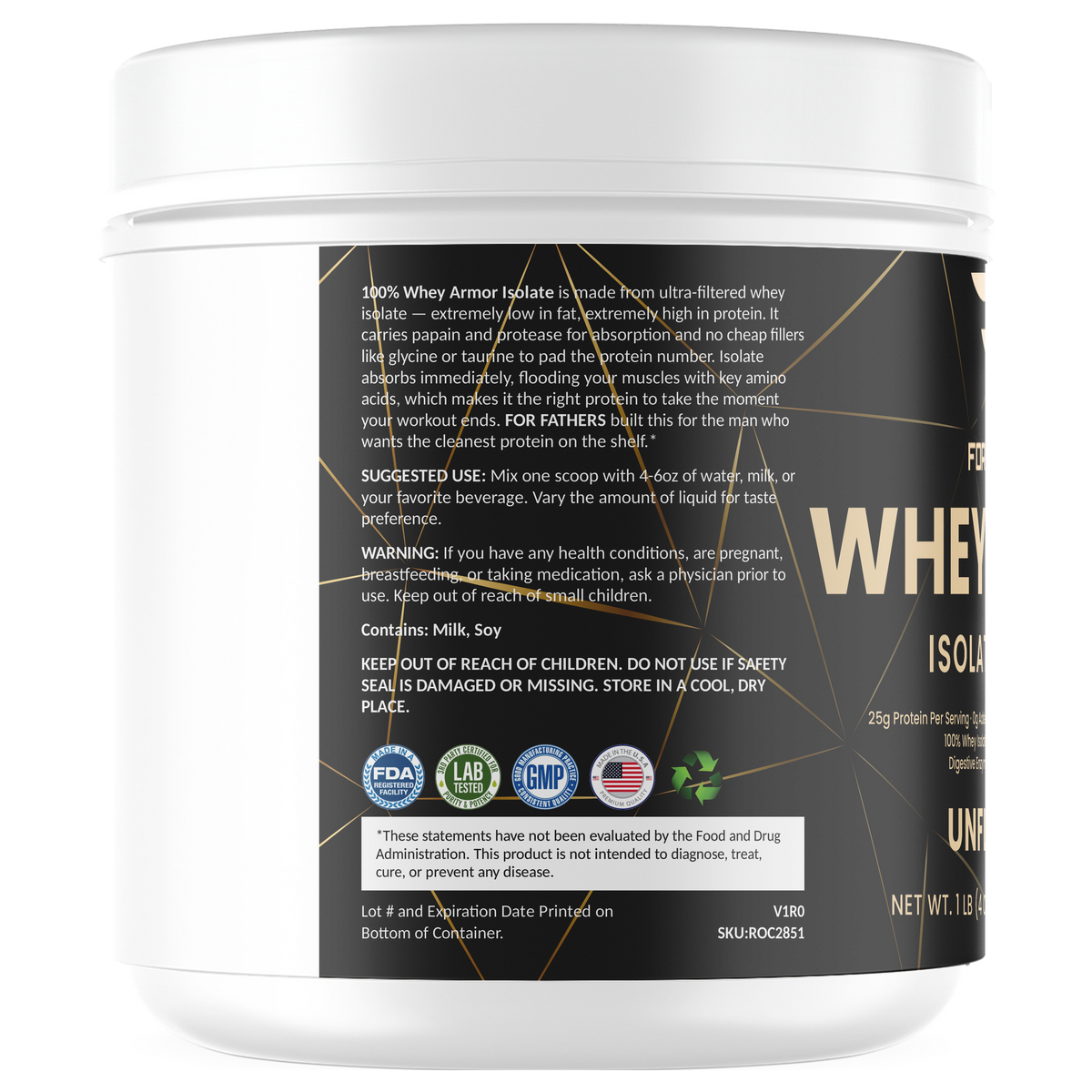 Whey Armor Isolate Protein Unflavored 1 lb – left label panel – For Fathers Fitness