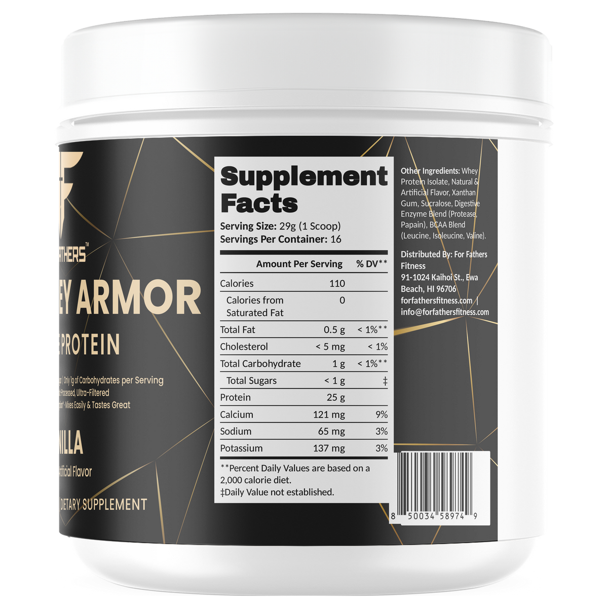 100% Whey Armor Isolate Protein Vanilla 1 lb – Supplement Facts view – For Fathers Fitness