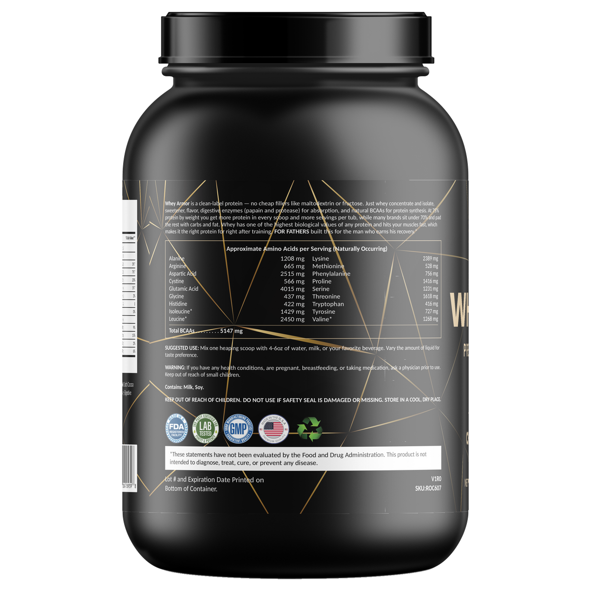 Whey Armor Premium Protein Blend Chocolate Milkshake 2 lb – left label panel – For Fathers Fitness