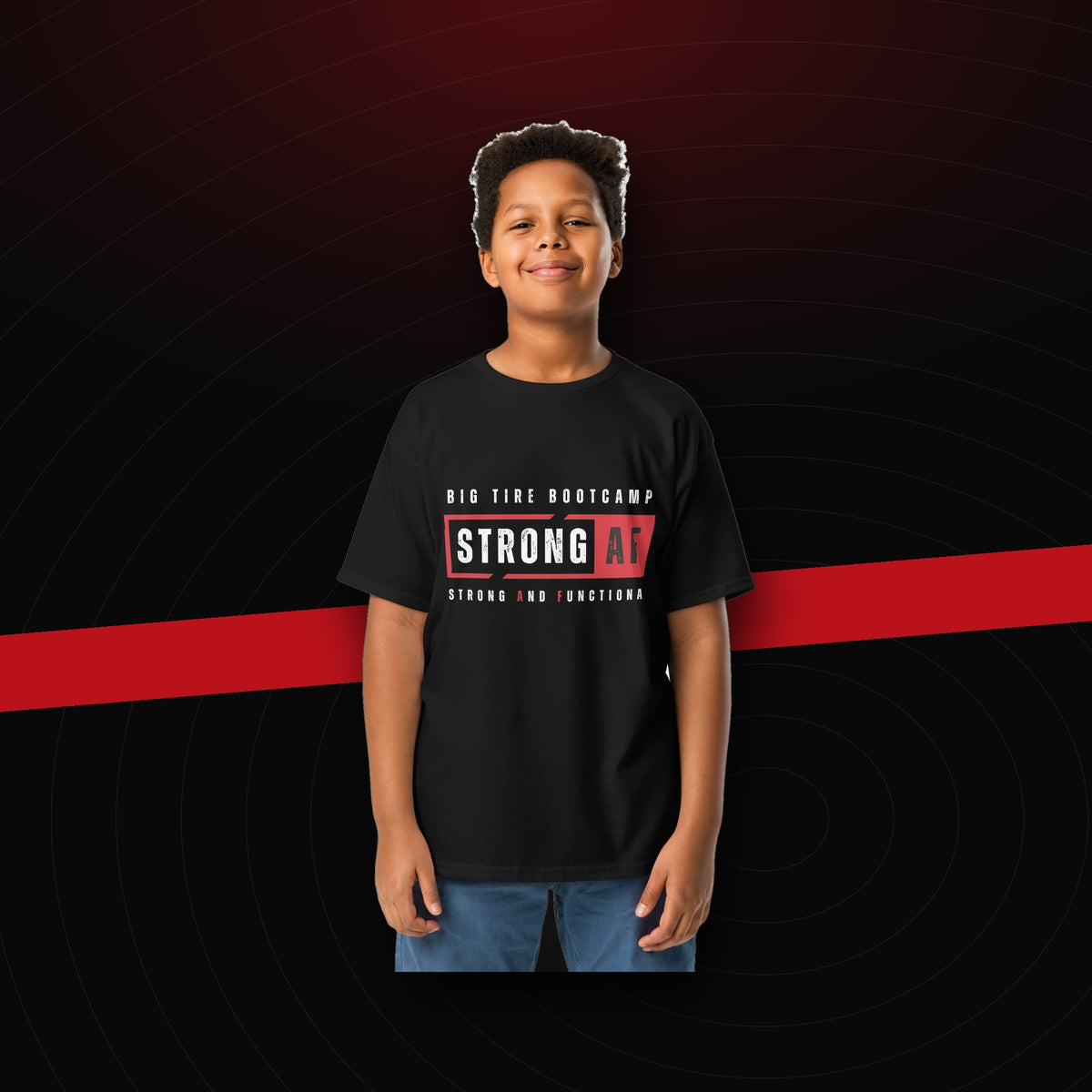 bg2|39114228826308|Big Tire Bootcamp Youth Classic Tee on dark
