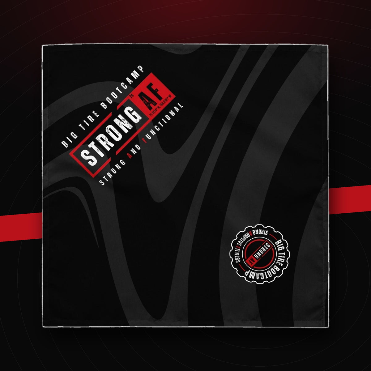 bg2|39114227646660|Big Tire Bootcamp Strong AF Bandana on dark