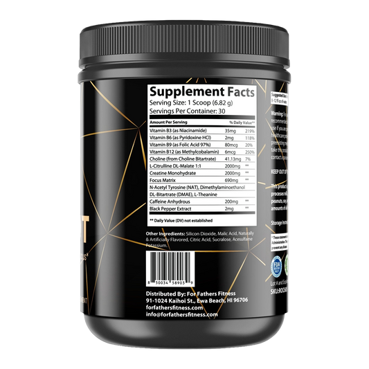 For Fathers Fitness pre workout fruit punch label