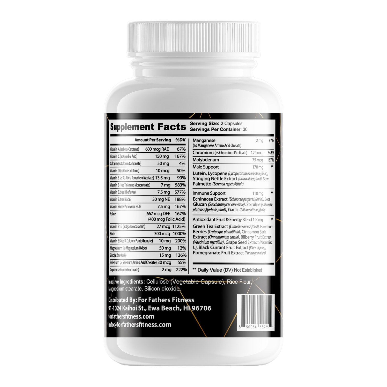 For Fathers Fitness total package multivitamin for men label