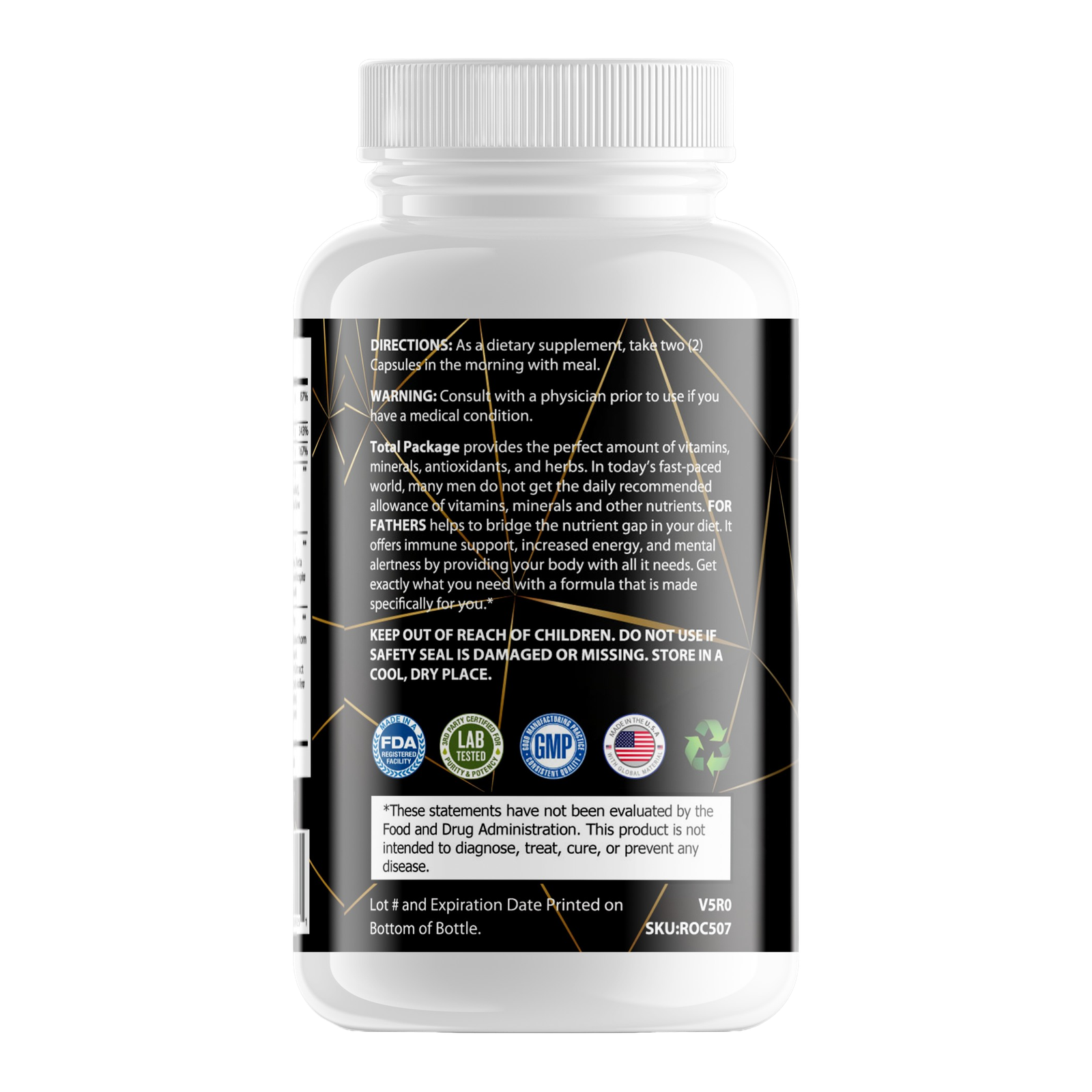 For Fathers Fitness total package multivitamin for men label
